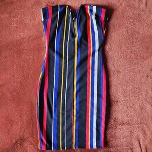 FASHION NOVA Black Mutli-Striped Boned Deep V Bodycon Tube Dress. SZ XS.